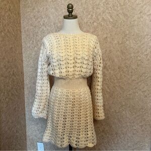 VTG 60s Roncelli Hand Crochet Wool Cream Lace Pointelle Knit Dress